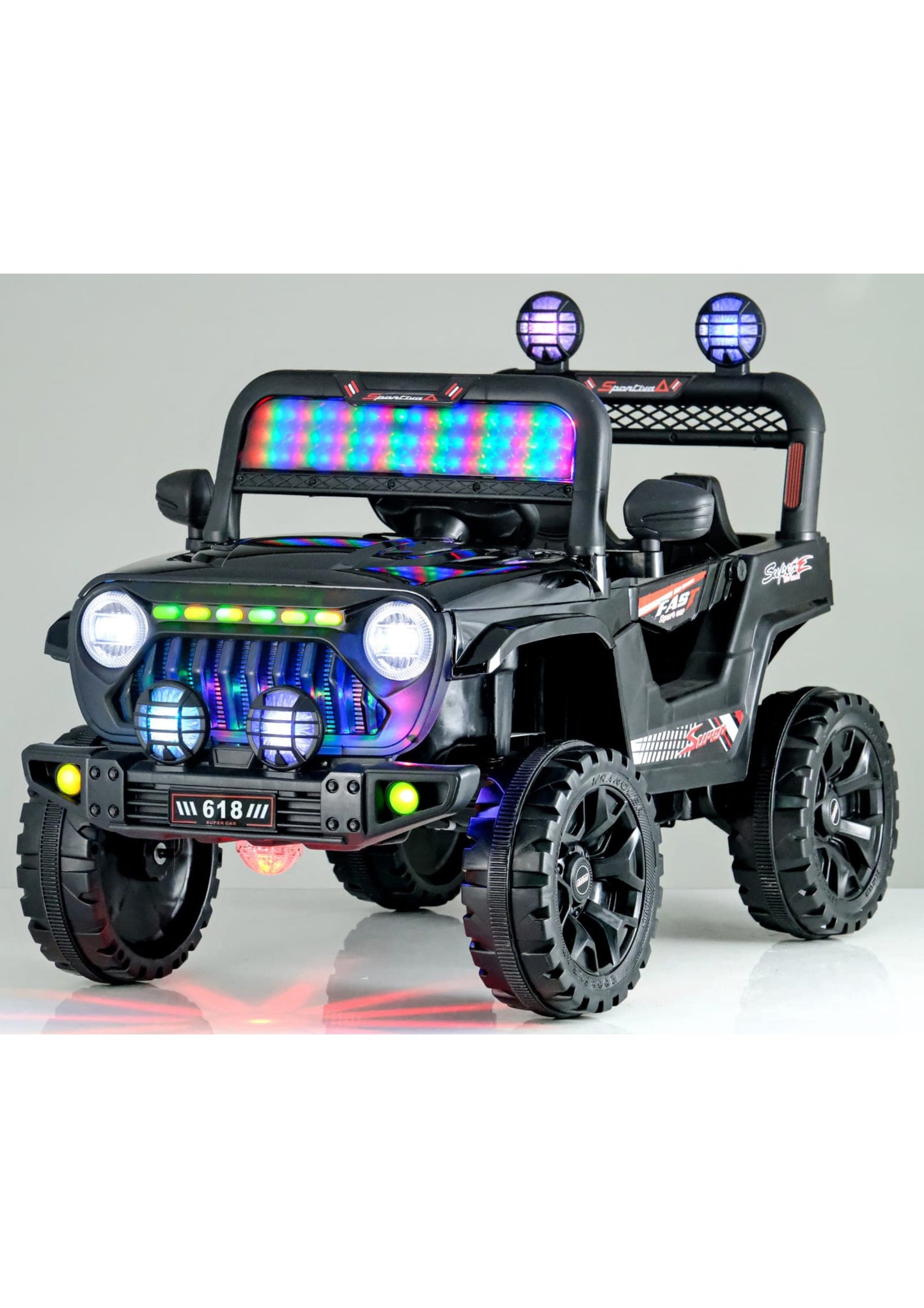 618 jeep 4 by 4 red black blue grey