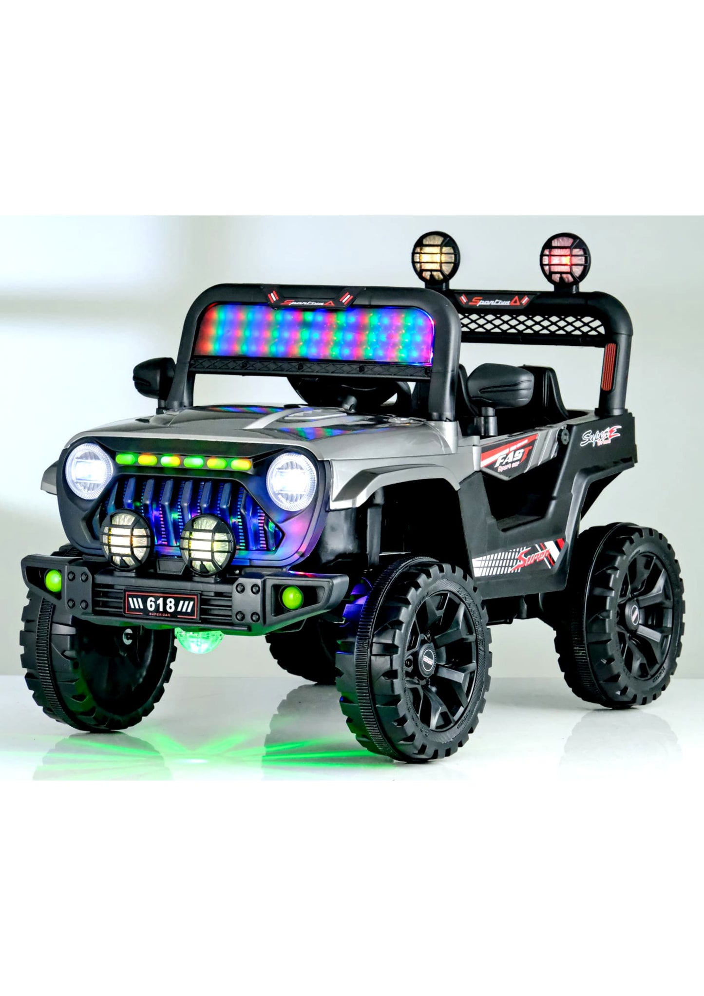 618 jeep 4 by 4 red black blue grey