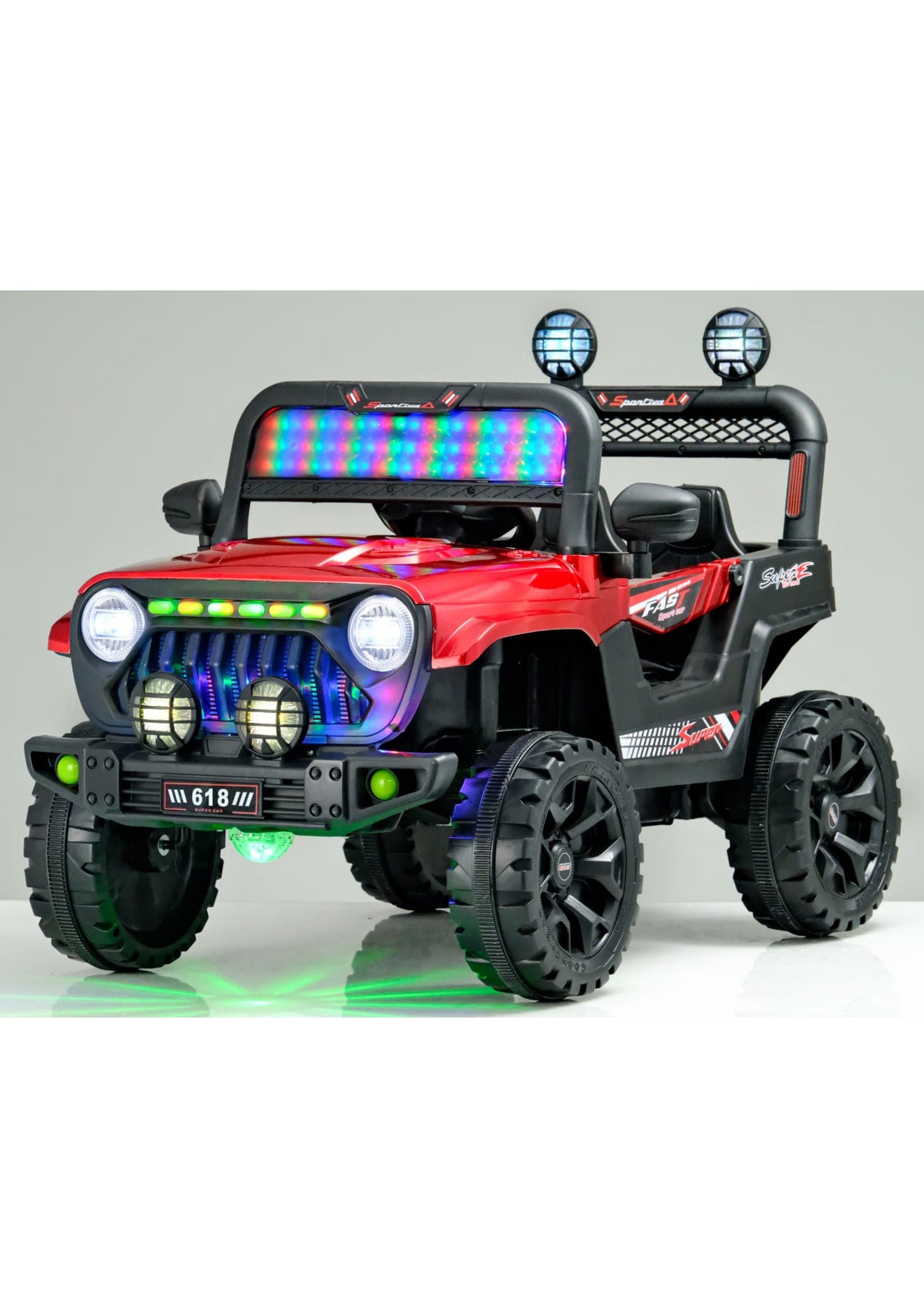 618 jeep 4 by 4 red black blue grey