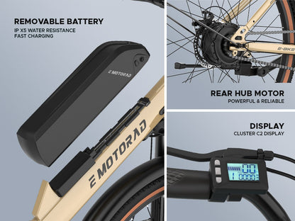 EMotorad ST-X Unisex City Electric Cycle with 7.65Ah Li-Ion Removable Battery | High-T Step-Through Steel Frame | Cluster C2 Display | 5 Levels of Pedal Assist | 250W Rear Hub Motor (Beige)
